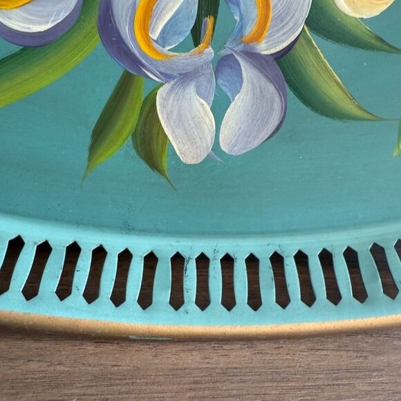 Vintage Turquoise Toleware Pilgrim Art Oval Tray 155 Reticulated Hand Painted - Picture 3 of 10